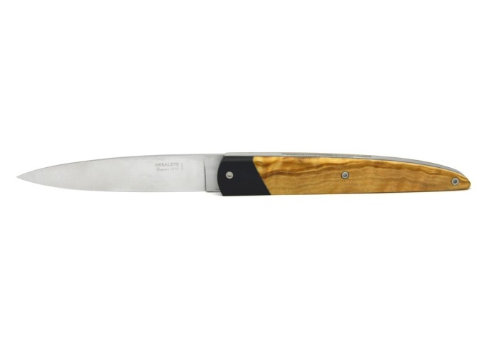 Arbalète knife, false Ebony bolster, full Olive wood handle of 12 cm, matt finish