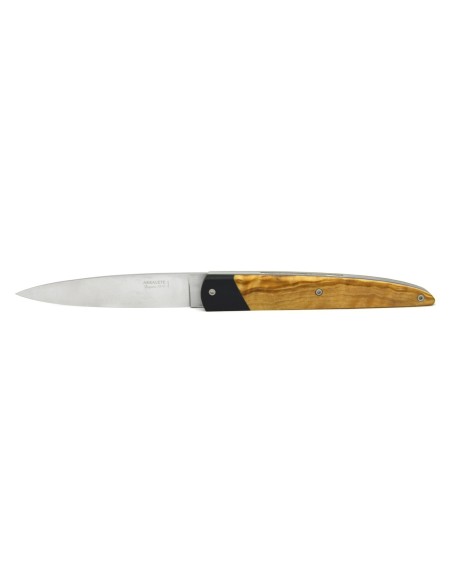 Arbalète knife, false Ebony bolster, full Olive wood handle of 12 cm, matt finish