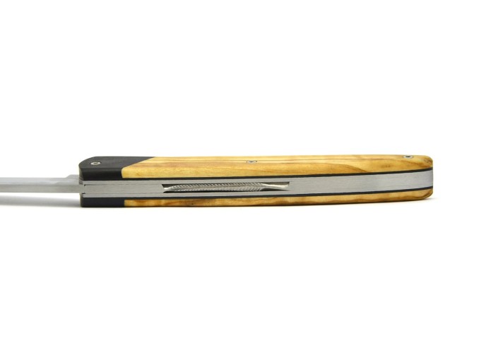 Arbalète knife, false Ebony bolster, full Olive wood handle of 12 cm, matt finish