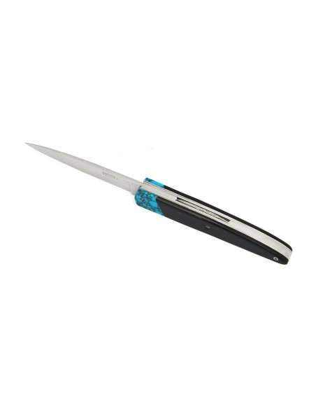 Arbalète knife, turquoise false bolster, Black buffalo handle of 12 cm, shiny finish