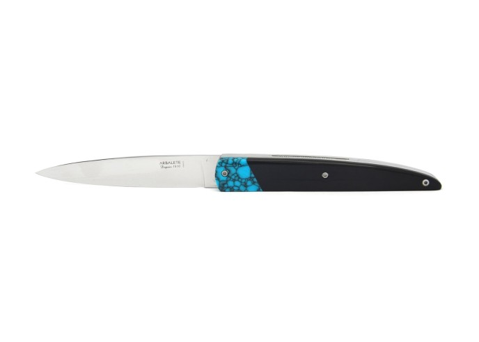 Arbalète pliant fausse mitre en turquoise, manche en buffle noir 12 cm, finition brillant