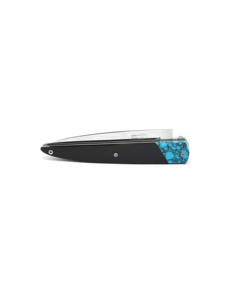 Arbalète pliant fausse mitre en turquoise, manche en buffle noir 12 cm, finition brillant