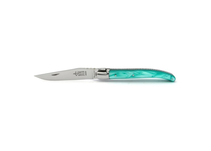 Laguiole pliant au féminin, manche en acrylique nacré turquoise, finition brillant