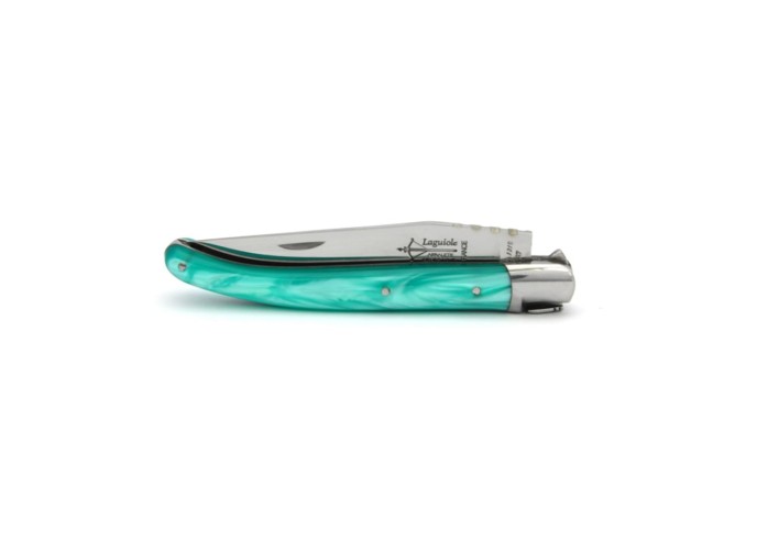 Laguiole pliant au féminin, manche en acrylique nacré turquoise, finition brillant