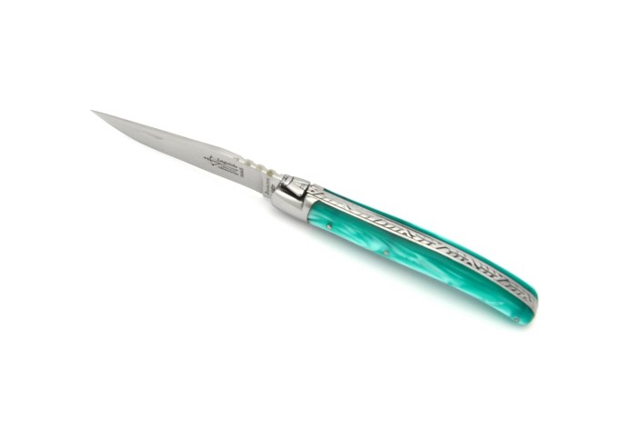 Laguiole pliant au féminin, manche en acrylique nacré turquoise, finition brillant