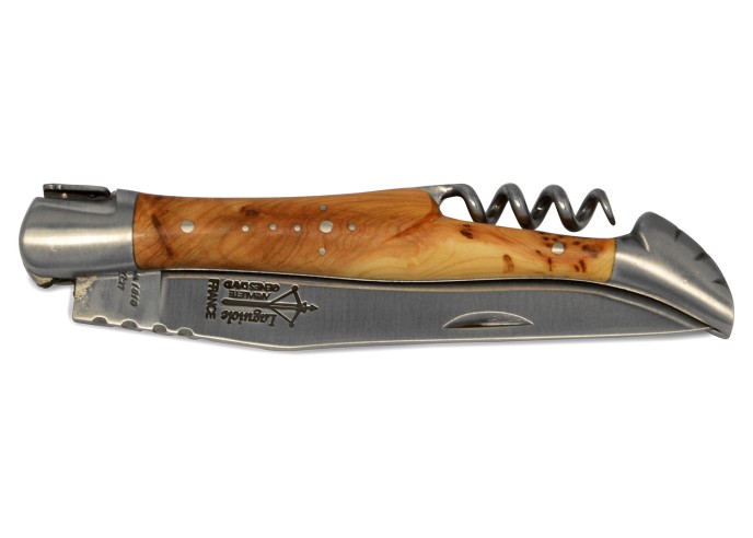 Laguiole Prestige folding knife, carbon steel blade & corkscrew, 12 cm juniper wood handle, matt finish