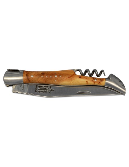 Laguiole Prestige folding knife, carbon steel blade & corkscrew, 12 cm juniper wood handle, matt finish