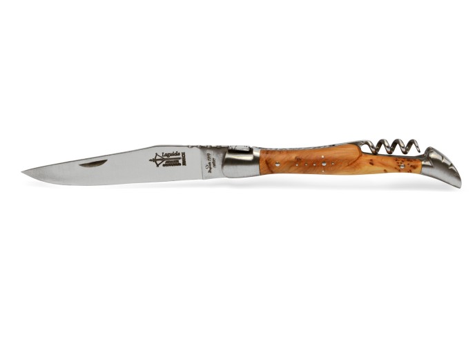 Laguiole pliant Prestige, lame carbone & tire-bouchon, manche en genévrier de 12 cm, finition mat