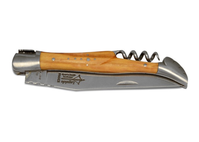 Laguiole Prestige folding knife, carbon steel blade & corkscrew, 12 cm olive wood handle, matt finish