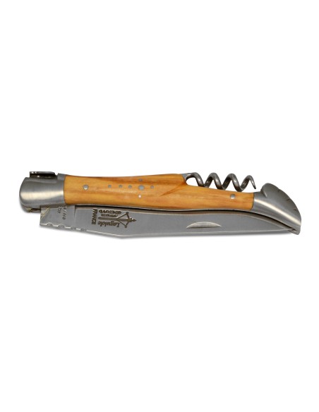 Laguiole Prestige folding knife, carbon steel blade & corkscrew, 12 cm olive wood handle, matt finish