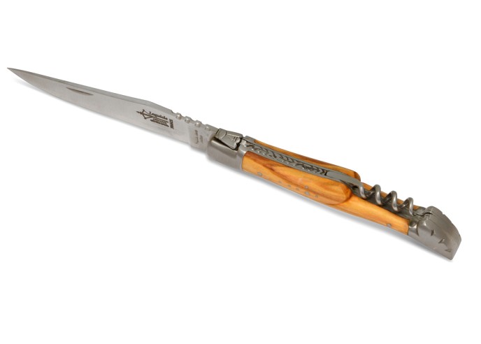 Laguiole pliant Prestige, lame carbone & tire-bouchon, manche en olivier de 12 cm, finition mat