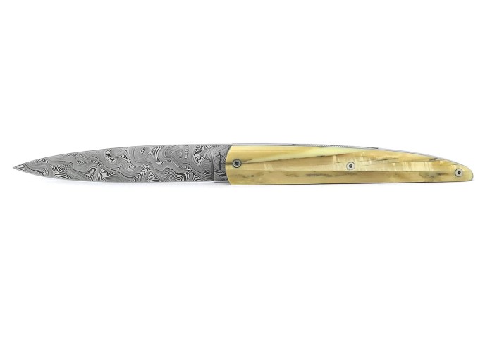 Arbalète pliant, ciselé main, manche ivoire de mammouth stabilisés de 12 cm, lame Damas inox