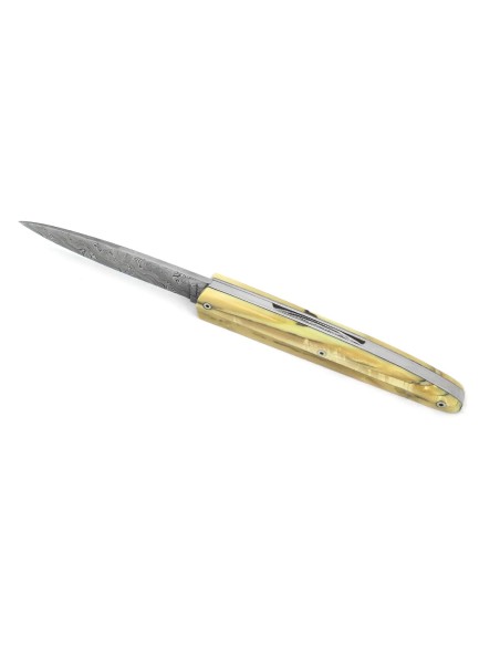 Arbalète pliant, ciselé main, manche ivoire de mammouth stabilisés de 12 cm, lame Damas inox