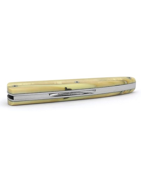 Arbalète pliant, ciselé main, manche ivoire de mammouth stabilisés de 12 cm, lame Damas inox