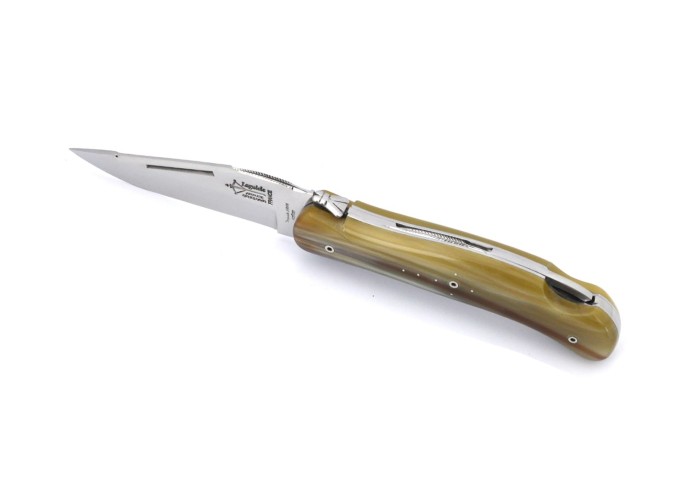 Laguiole pliant Grande Nature - Cube, manche pointe de corne blonde de 12 cm, finition brillante