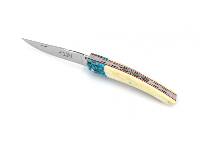 Le Thiers ® Prestige folding knife, turquoise false bolster, 12 cm bone handle, shiny finish