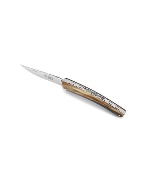 Le Thiers ® pliant prestige, ciselé main, doubles-platines, manche en pointe de corne blonde de 12 cm, finition brillant