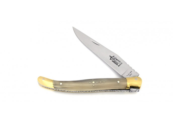 Laguiole Prestige folding knife, 12 cm blonde horn tip handle, shiny finish