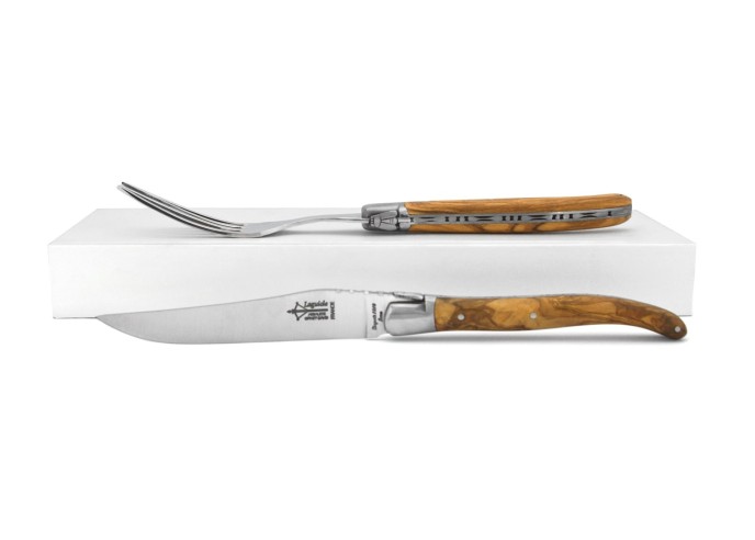 Laguiole Knife and fork, Olive wood handle, 23 cm, matt finish