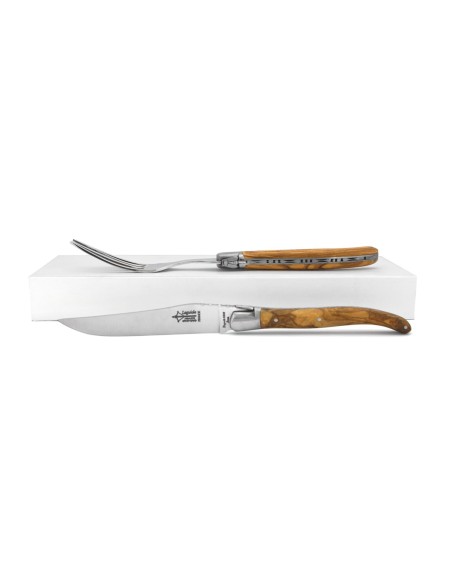 Laguiole Knife and fork, Olive wood handle, 23 cm, matt finish