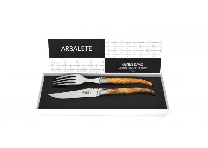 Couteau et fourchette de table Laguiole en olivier, 23 cm, finition mat