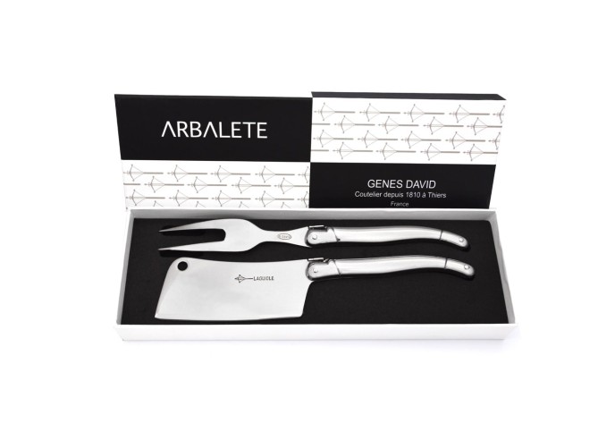 Service à fromage couperet et fourchette, manche tout inox finition brillant, lavable en machine