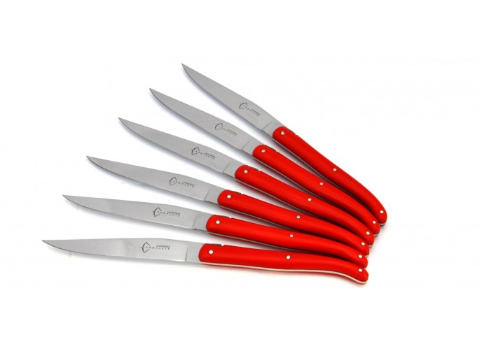 6 Laguiole steak knives of 23 cm, Red acrylic POM handle, dishwasher safe