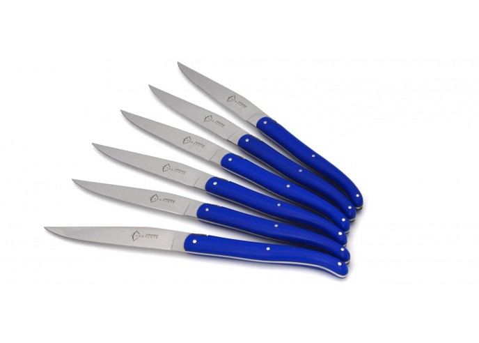 Coffret de 6 couteaux de table Laguiole 23 cm, plein manche en Pom bleu, lave-vaisselle