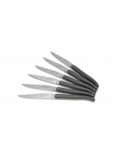 Laguiole steak knives, white acrylic handles, dishwasher safe Length of  handle 12 cm Bee Welded bee Bolsters Full handle Packaging Block of 6  Nature of the handle Acrylic POM, white Steel blade