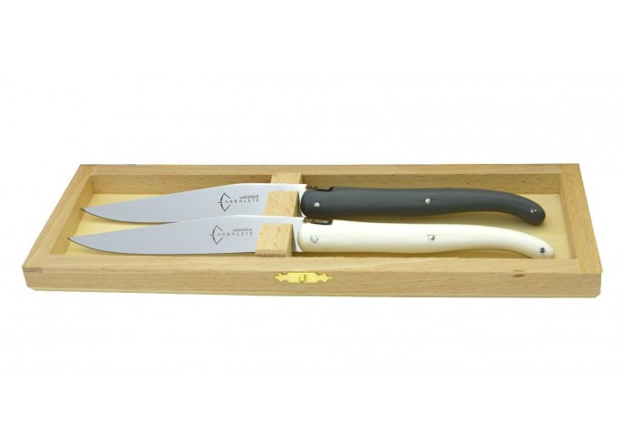Coffret de 2 couteaux de table Laguiole 23 cm, plein manche en Pom gris et blanc, lave-vaisselle