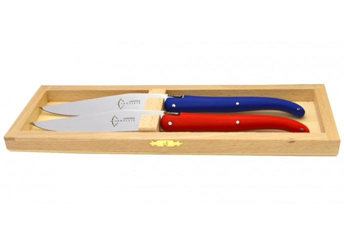 2 Laguiole steak knives of 23 cm, Red and Blue acrylic POM handle, dishwasher
