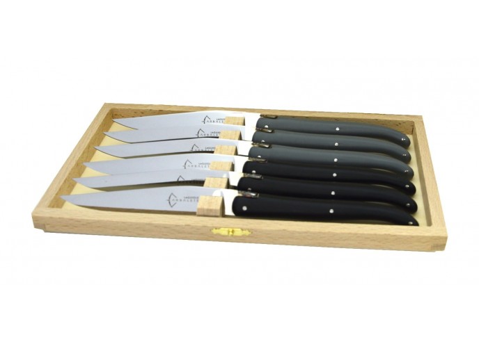 Box of 6 steak knives Laguiole, black & grey Pom handles, dishwasher safe