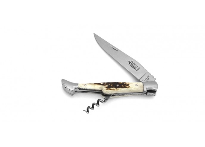 Laguiole folding knife Prestige, blade and corkscrew, 12 cm deer antler handle, shiny finish