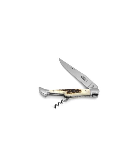 Laguiole pliant Prestige, lame et tire-bouchon en bois de cerf de 12 cm, finition brillant