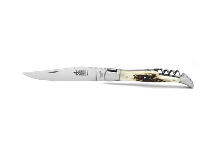 Laguiole pliant Prestige, lame et tire-bouchon en bois de cerf de 12 cm, finition brillant