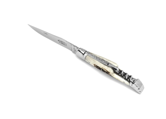 Laguiole pliant Prestige, lame et tire-bouchon en bois de cerf de 12 cm, finition brillant
