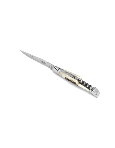 Laguiole pliant Prestige, lame et tire-bouchon en bois de cerf de 12 cm, finition brillant