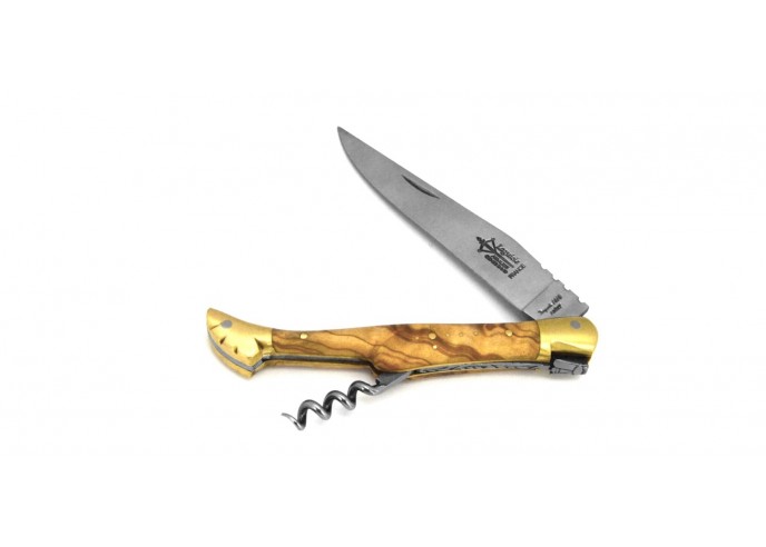 Laguiole Prestige folding knife, blade & corkscrew, 12 cm olivewood handle, matt finish