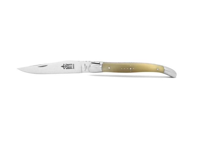 Laguiole Prestige folding knife, 12 cm blond horn tip handle, shiny finish