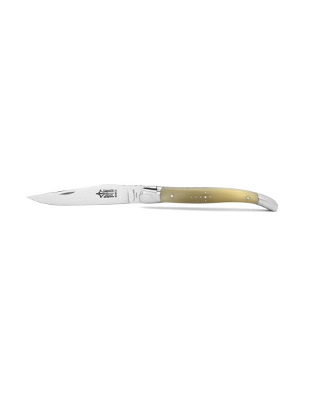 Laguiole pliant Prestige, lame seule, manche en pointe de corne blonde de 12 cm, finition brillant