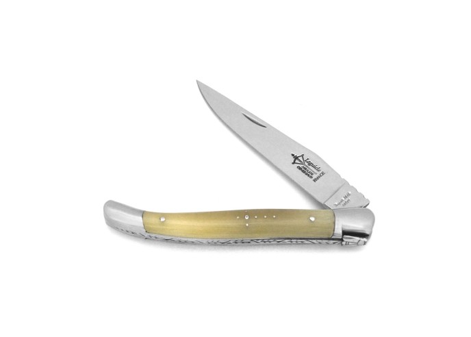 Laguiole pliant Prestige, lame seule, manche en pointe de corne blonde de 12 cm, finition brillant
