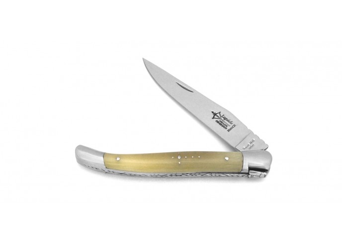 Laguiole Prestige folding knife, 12 cm blond horn tip handle, shiny finish