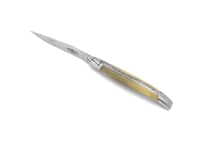 Laguiole Prestige folding knife, 12 cm blond horn tip handle, shiny finish