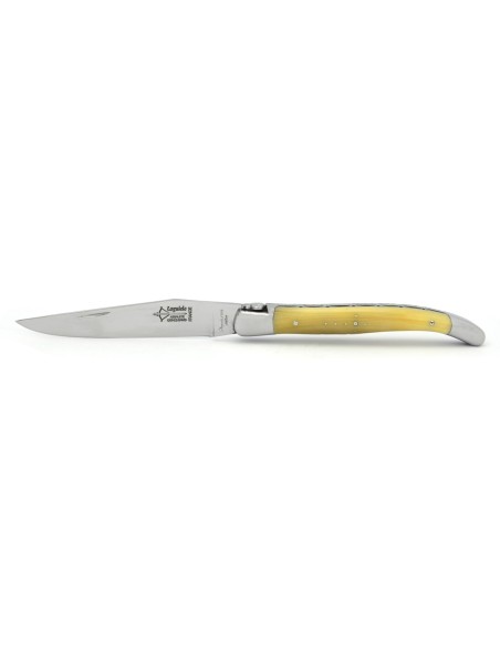 Laguiole pliant Forgé, doubles platines, manche pointe de corne blonde de 12 cm, finition brillant
