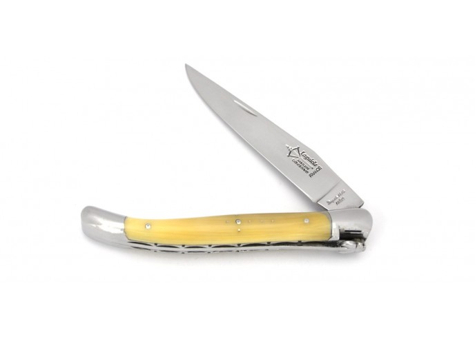 Laguiole Forged folding knife, double plates, blond horn tip handle, shiny finish