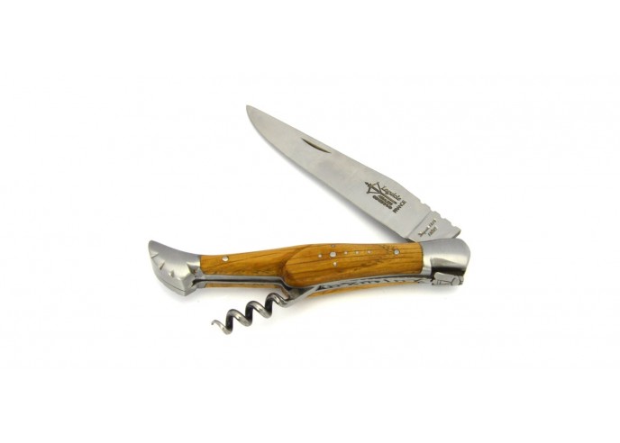 Laguiole folding knife Prestige, blade and corkscrew, 12 cm oak wood handle, matt finish