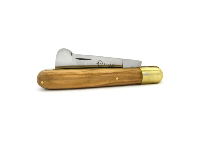 Folding grafting knife, olive wood handle, matt finish