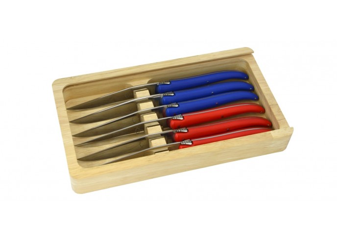 Box with 6 steak knives Laguiole, red & blue acrylic Pom handle, dishwasher