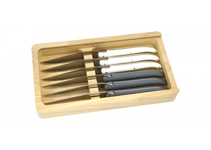 Box with 6 steak knives Laguiole, white & grey Pom handles, dishwasher safe