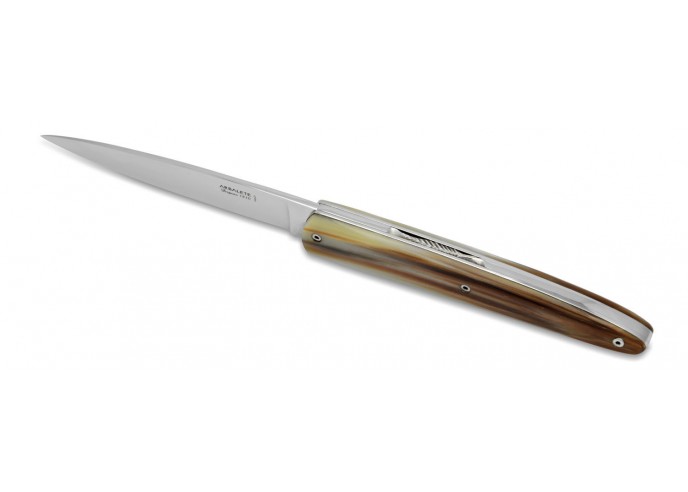 Arbalete folding knife, hand-chiseled, blond horn tip handle, shiny finish